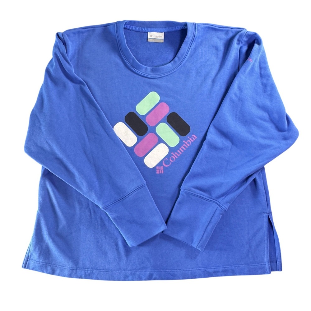Columbia Blue Graphic Logo Crewneck Sweatshirt Womens Large AL2991 French Terry‎